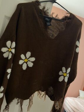 Daisy-Embroidered Brown V-Neck Sweater
